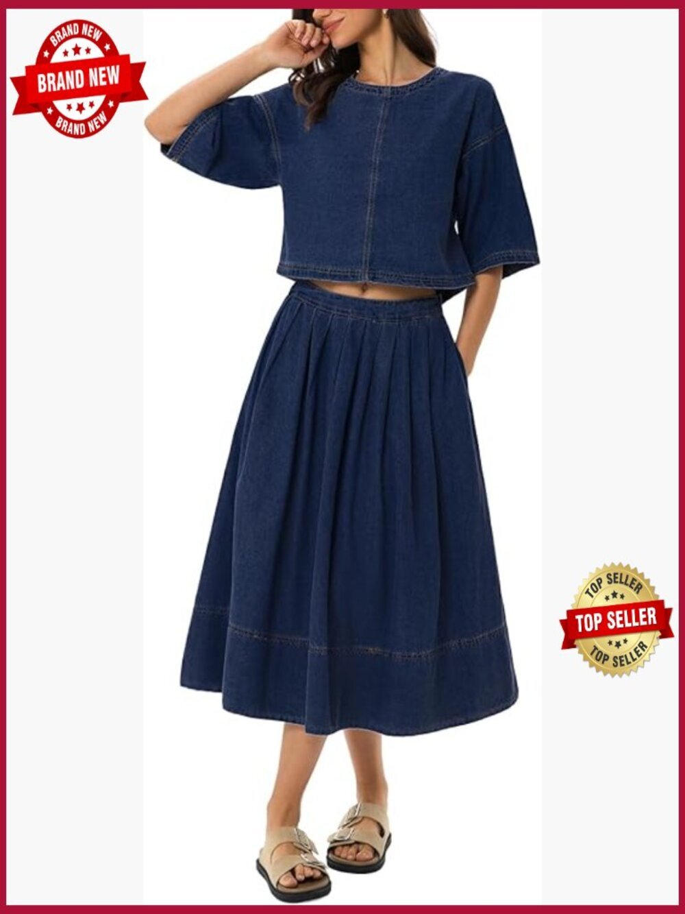 Womens 2 Piece Denim Skirt Set Summer Short Sleeve Crop Top Midi Skirt Travel